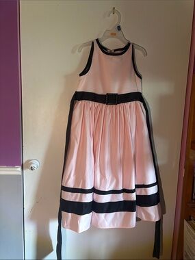 Little Girl's Pink Dress with Black Trim and Waist Sash